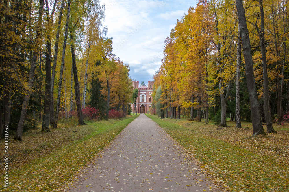 walking trail to the old castle in a bright yellow, red and green autumn forest