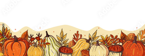 Horizontal vector banner, poster, card or frame design with orange pumpkins and autumn leaves. Seasonal fall border for greeting or promotion. Autumn harvest, market, thanksgiving, halloween template