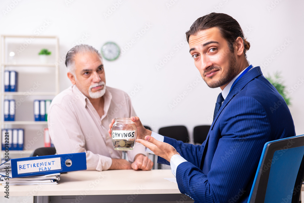 Financial advisor giving retirement advice to old man Financial advisor giving retirement advice to old man