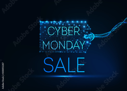 Futuristic glowing low poly cyber Monday concept with price tag and text on dark blue background.