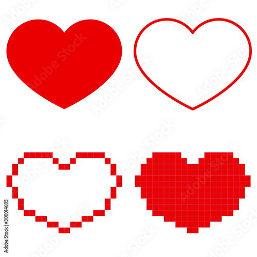 Four red vector hearts in simple, line and pixel version isolated on white background.