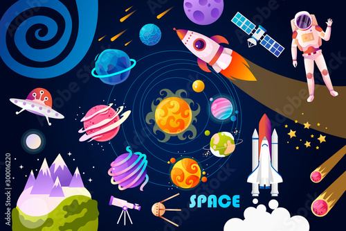 Set of space colorful cartoon objects. Map of the solar system. Children's design. Vector illustration