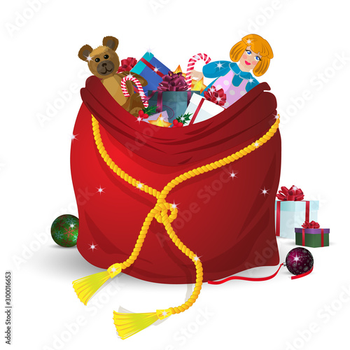 Santa's bag full of Christmas gifts for kids. Red with a Golden cord, in a magical glitter. Isolated on white background. Vector illustration in cartoon vintage style.