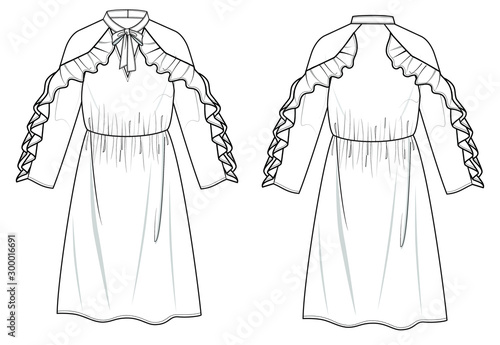 vector illustration of womens dress. 3D fashion drawing. technical drawing. design. vector line.