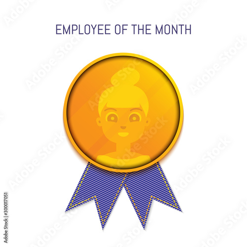 Gold medal for best employee of the month with engraving of a woman portrait and ribbon. Star performer medallion honouring top achievements in business. Victory concept. Cartoon vector illustration.