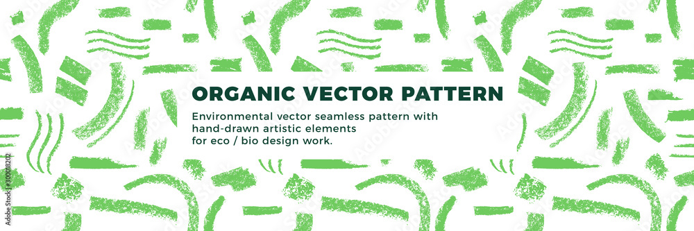 Organic seamless pattern vector background. Hand drawn natural elements with organic texture.  Eco friendly design, vector vegan icons, raw logo, eco farming banner template, healthy food emblem. - obrazy, fototapety, plakaty 