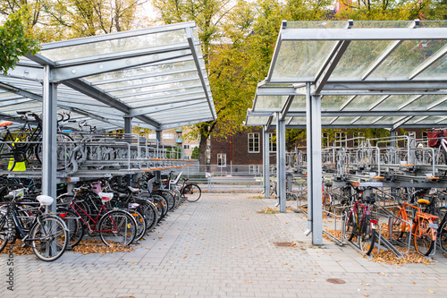 Many bikes stored in bicycle parking structure in Sweden