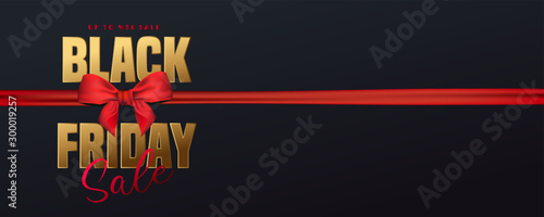 Black friday sale golden texture and realistic ribbon red luxury. Advertising Poster design.logo golden color on dark background.Vector illustration.