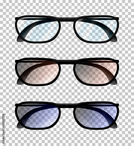 Three classic realistic  man or woman glasses isolated on the transparent background. Frontal view with bows. Vector illustration.