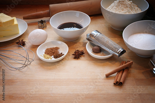 Fotografie Ingredients for baking gingerbread cookies, traditional homemade pastry in the C