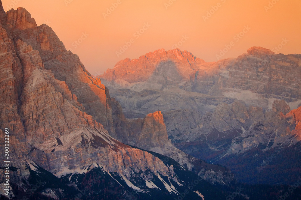 Warm sunset light over the Dolomites, Italy, Europe Warm sunset light over the Dolomites, Italy, Europe
