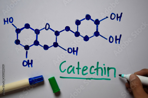 Catechin molecule write on the white board. Structural chemical formula. Education concept photo