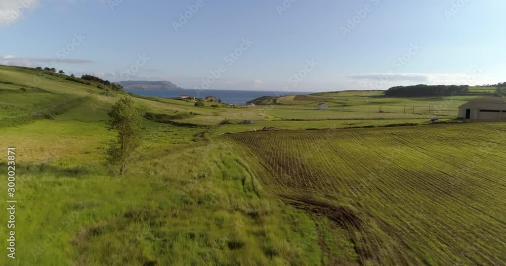 Aerial: Scenic view of green farmland with barns on landscape by sea against blue sky during sunny day - Galicia, Spain Aerial: Scenic view of green farmland with barns on landscape by sea against blue sky during sunny day - Galicia, Spain