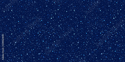 Paint splash, spray, uneven dots, hand drawn blobs, blots, spots seamless vector pattern. Chaotic splatter, spatter, flecks, specks dark blue colors background. Night sky with stars texture.