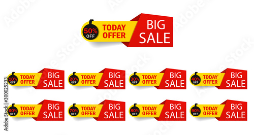 Discount mega sale offer tag 50, 20, 10, 40, 30, 60, 70, 80, 90 percent.Set banner super offer emblem, badge price deal discount number. Flat offer stamp, sticker, label clearance sale. vector