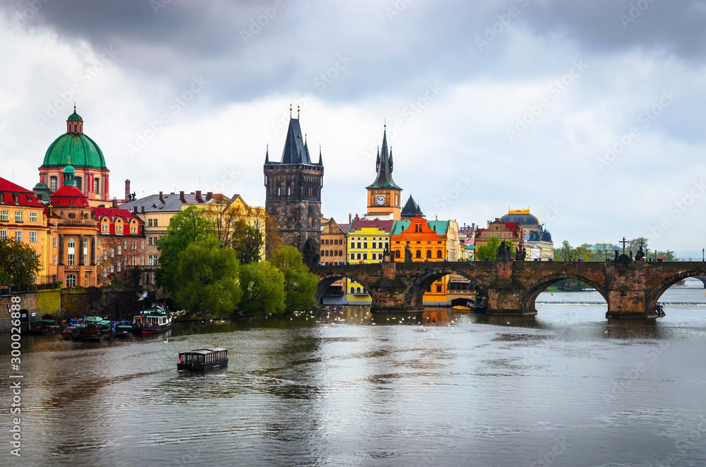 Fototapeta premium Old Town architecture, Charles Bridge and Vltava river in Prague, Czech Republic.