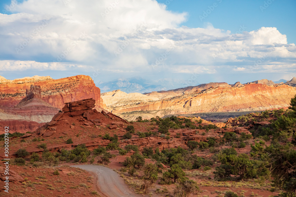 Fototapeta premium Taking in the viewpoints off the main road running through Capitol Reef National Park is a delight of sculpted rock walls and arid landscapes