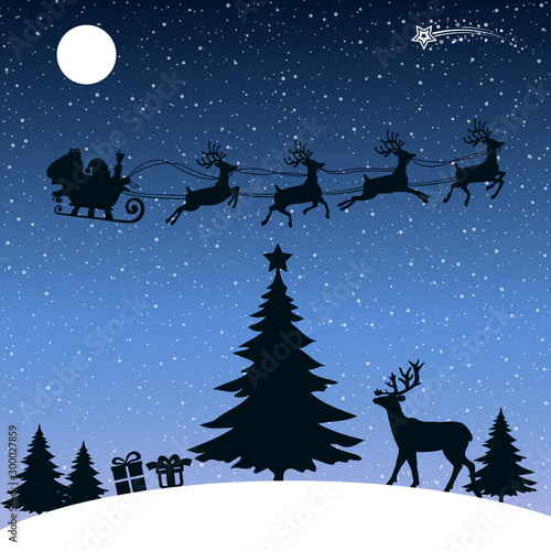 Santa Claus gives gifts, delivers gifts in the night, Christmas card – vector