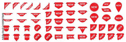 Set of New banners or stickers. Red shopping labels or tags photo
