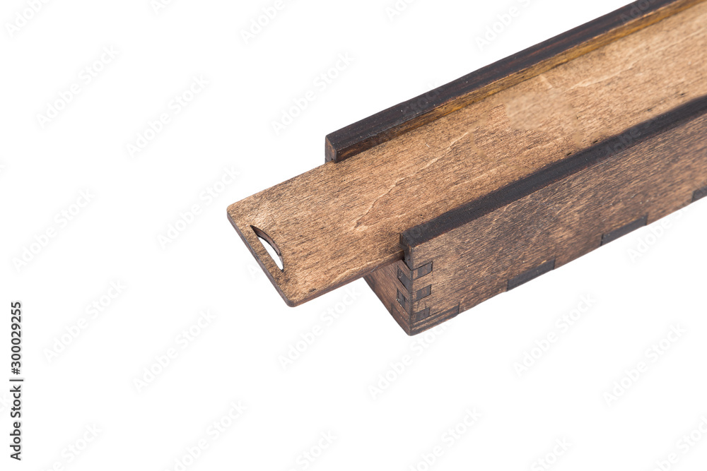 Original wooden box for handmade ballpoint pen on a white background.