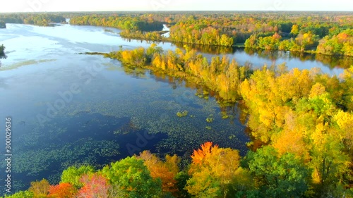 Scenic Autumn flight over the Menominee River, Fall colors. The Menominee River flows along the border of Wisconsin and Upper Michigan. photo