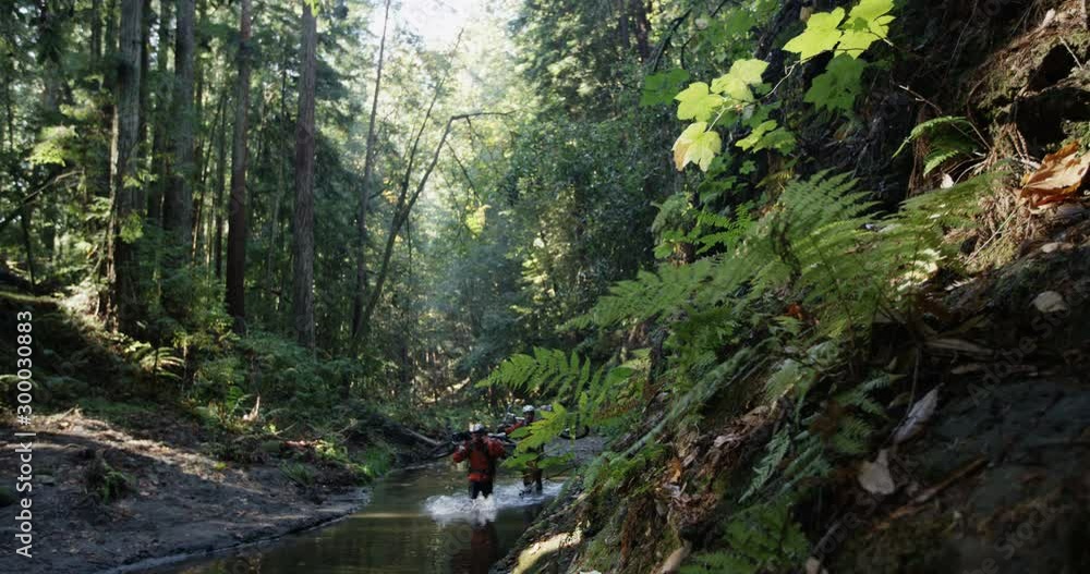 Two Male Adventure Racers Carrying Bikes Through Stream In Green Rain Forrest Two Male Adventure Racers Carrying Bikes Through Stream In Green Rain Forrest