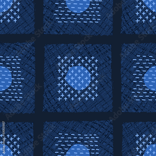Embroidery Boro Patch Kantha Vector Pattern. Asian Needlework Seamless Background Indigo Blue Style. Sashiko Running Hand Stitch Texture Textile Print. Japan Decor. Masculine Quilting Tile EPS 10