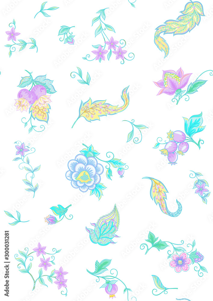 Obraz premium Fantasy flowers, traditional Jacobean embroidery style. Seamless pattern, background. Vector illustration in neon colors isolated on white background..
