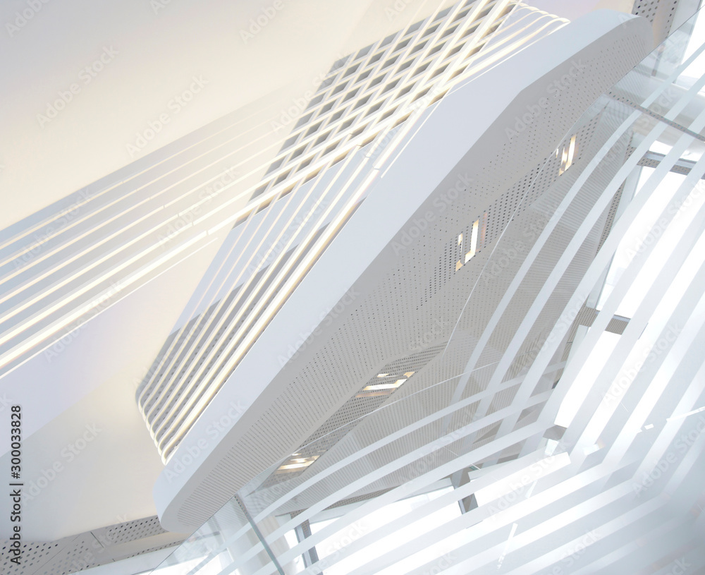 Φωτογραφία Digitally rendered illustration of futurstic architecture or modern office building interior with lath and glass structures of pitched ceiling and walls