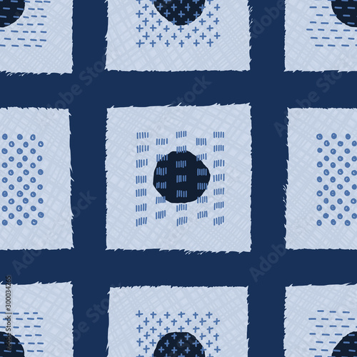 Embroidery Boro Patch Kantha Fabric Vector Pattern. Needlework Seamless Background Indigo Blue Style. Sashiko Running Hand Stitch Texture Textile Print. Japan Decor. Masculine Quilting Tile EPS 10 photo