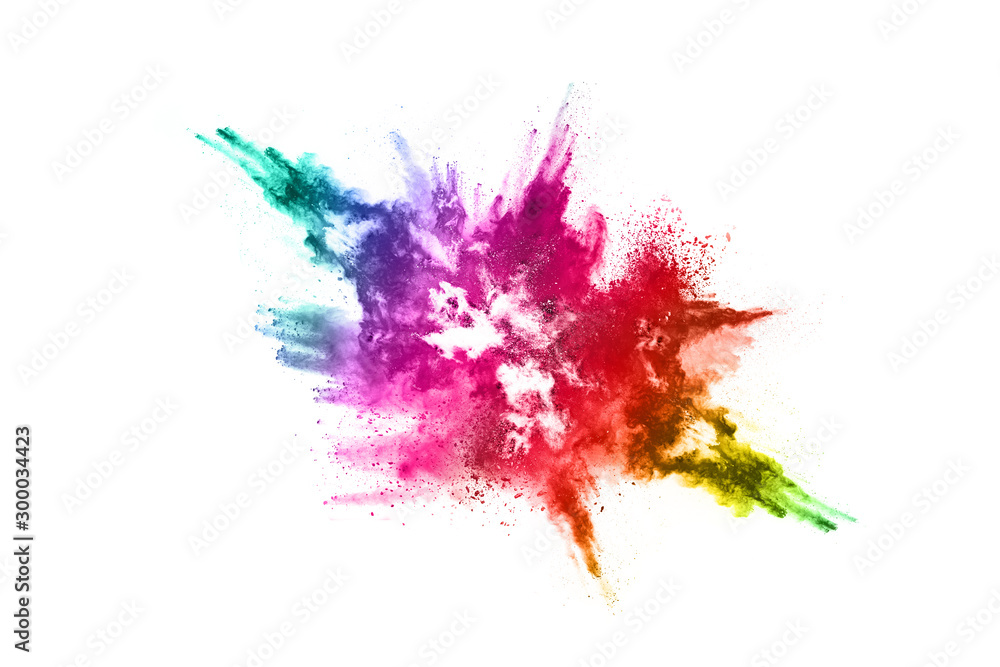 abstract powder splatted background. Colorful powder explosion on white background. Colored cloud. Colorful dust explode. Paint Holi.