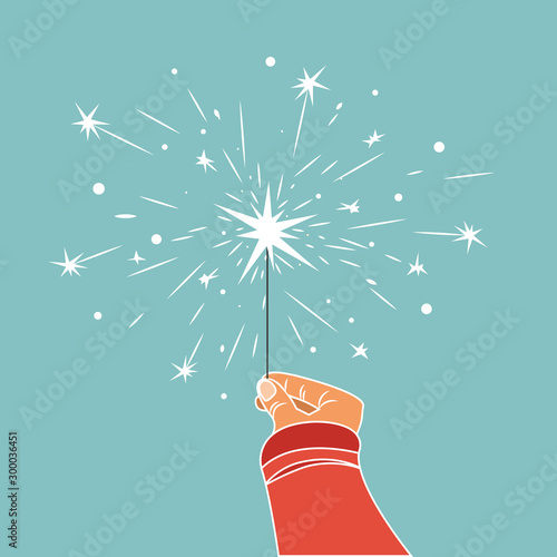 Hand holds burning sparkler, firework. Vector illustration of bengal light in hand