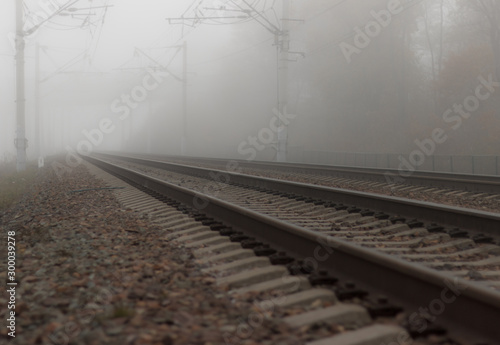 Rails on the railway, leaving into the foggy distance beyond the horizon. © Сергей Рамильцев