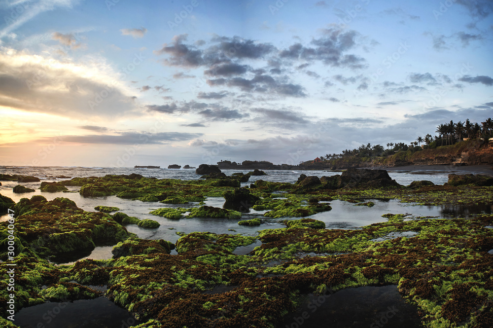 Bali island landscape sunset seaside view. Rock with seawead and black sand in long exposure