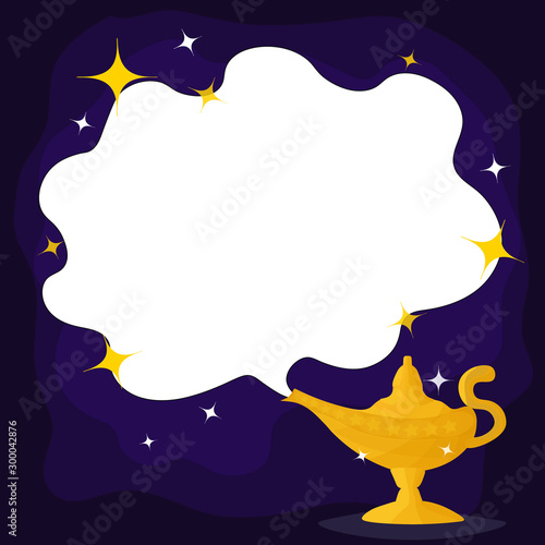 Magic Lamp. Vector genie magic Aladin lamp white smoke and star. Aladin golden lantern with dark blue background.vector photo