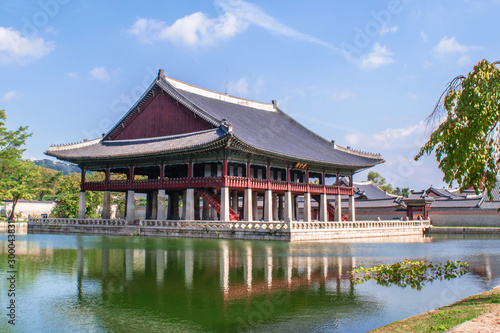 Gyeonghoeru Pavilion in Gyeongbokgung Palace at a sunny day