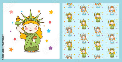 Cute Cartoon Liberty Girl and pattern Illustration