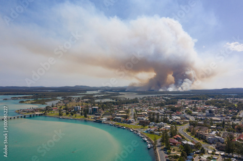 the town of Tuncurry on the new south wales north coast drone with bush fire out of control in bushland. © 169169