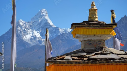 Stupa in himalays mountains, static handled shot photo