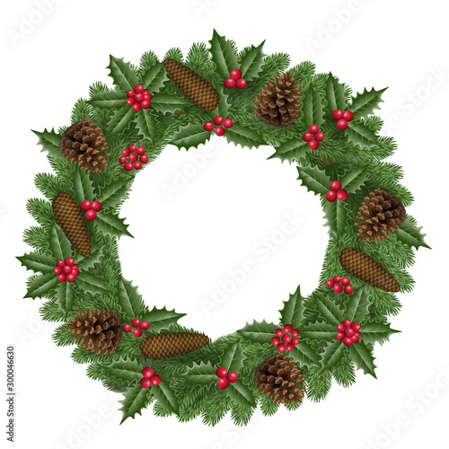 christmas pine wreath with holly leaves, berries and pinecones