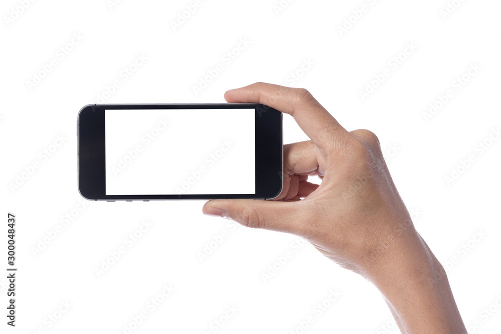Woman hand holding modern smartphone display and touch screen mobile isolated on white background. Woman hand holding modern smartphone display and touch screen mobile isolated on white background.