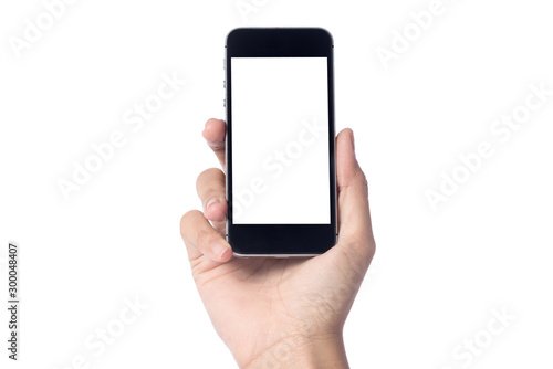 Woman hand holding modern smartphone display and touch screen mobile isolated on white background.