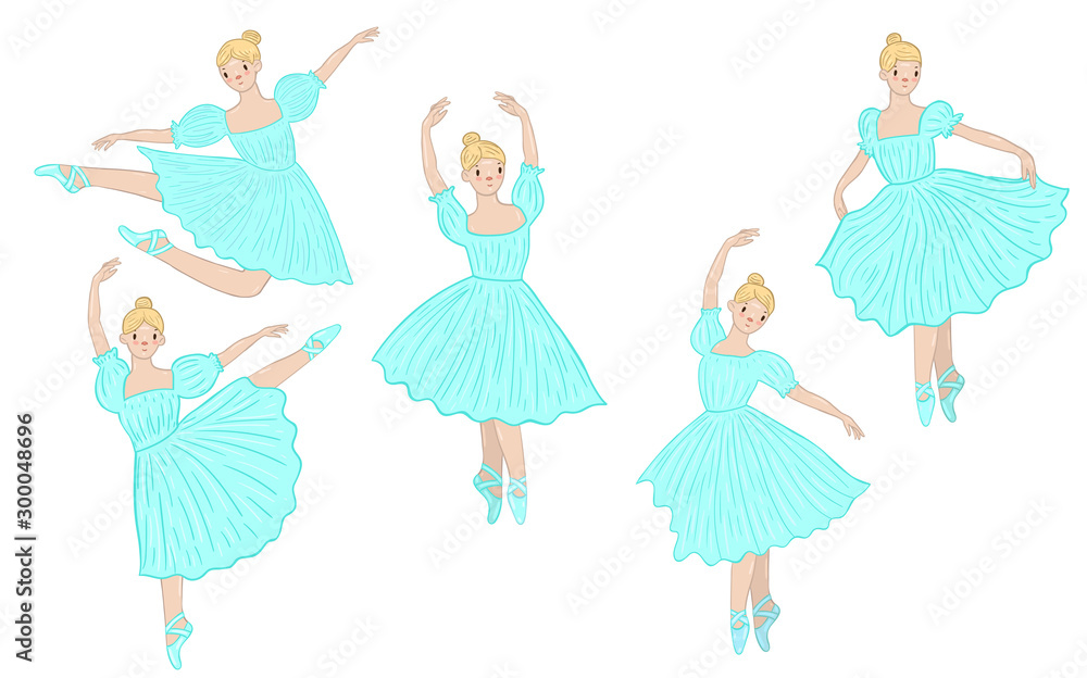 Set of ballerinas in blue dresses isolated on a white background. Vector graphics Set of ballerinas in blue dresses isolated on a white background. Vector graphics