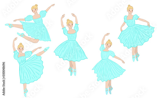 Set of ballerinas in blue dresses isolated on a white background. Vector graphics