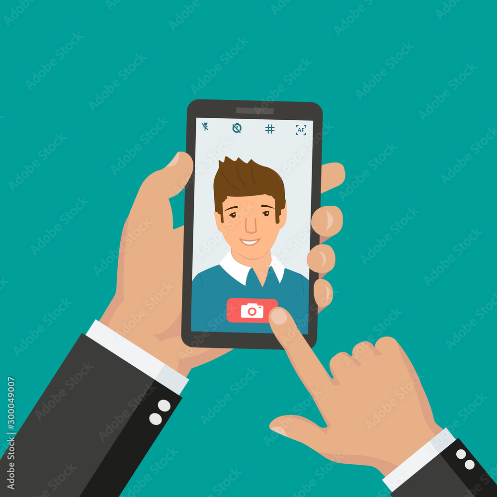 Hand holding smartphone with a selfie camera on it. Finger touch screen. Vector flat cartoon illustration for web sites and banners design. Hand holding smartphone with a selfie camera on it. Finger touch screen. Vector flat cartoon illustration for web sites and banners design.
