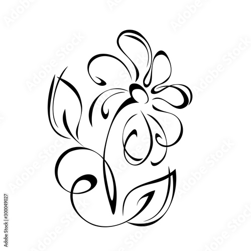 ornament 926. decorative blooming flower on a short stalk with leaves and curls in black lines on a white background