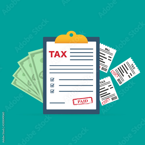 Tax payment. Government taxes. State taxes. Data analysis, paperwork, financial research, report. Businessman calculation tax. Calculation of tax return. Flat design. Tax form vector. Payment of debt.
