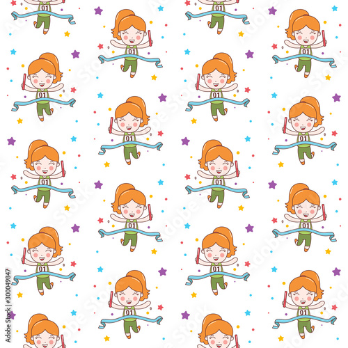 Cute Girl Win Relay Sport Character. seamless background