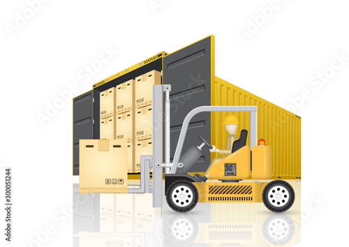 Vector of operator, driver or worker to handling box on pallet into storage or cargo container by forklift, equipment for logistic, shipping and delivery. Freight transport and distribution industry.