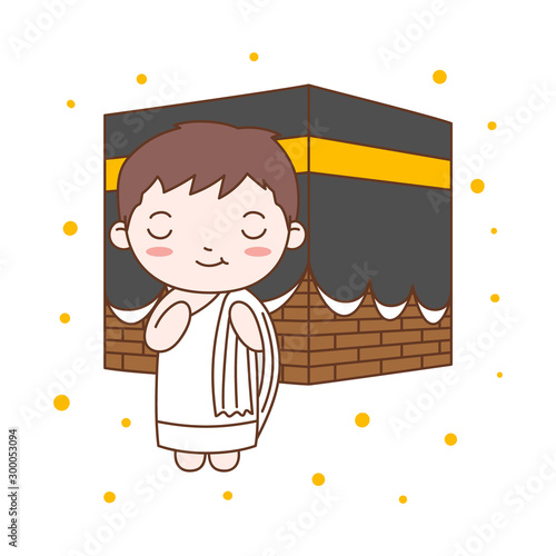 Cute Boy Praying in Kaaba. Muslim Kid Illustration
